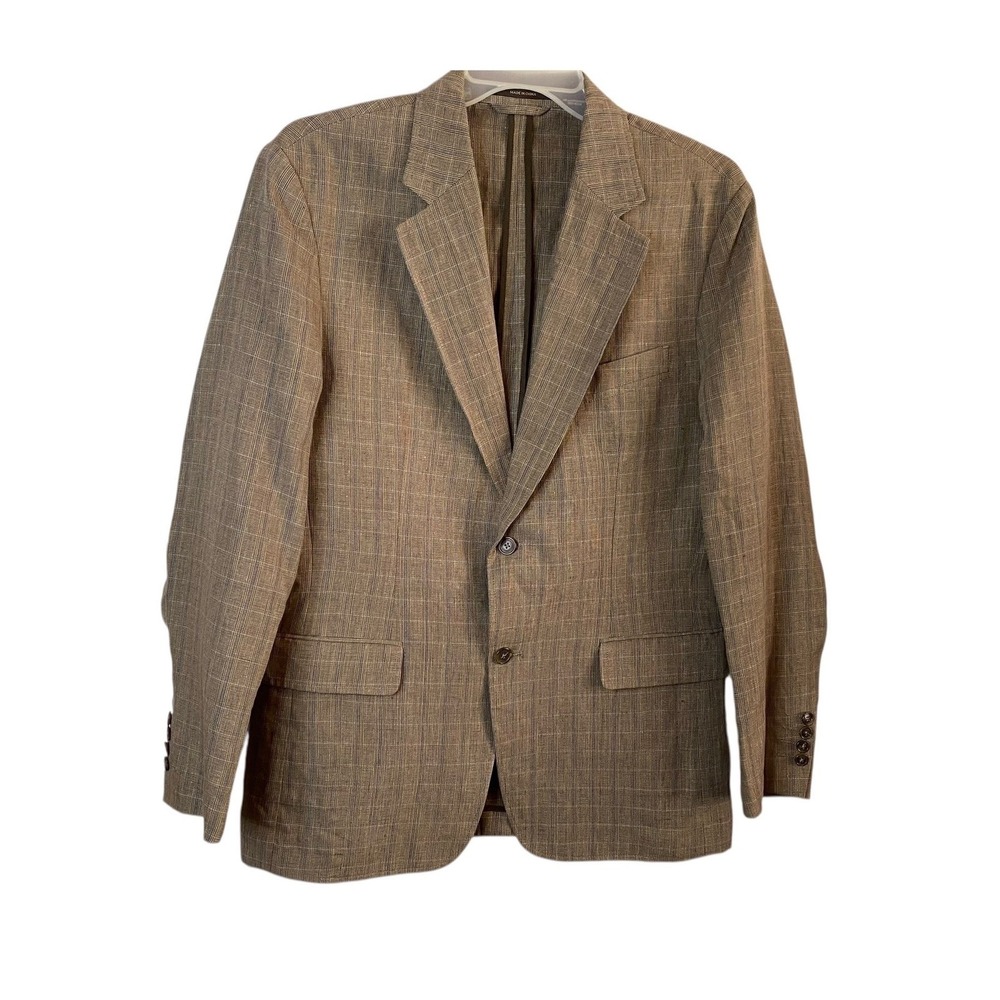 Tasso Elba Mens 100% Linen Blazer Brown Plaid Check Size Medium 42R